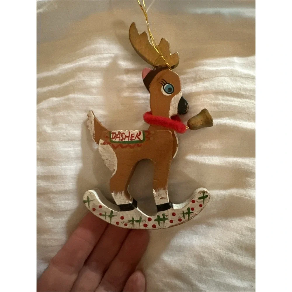 Vintage Kurt Adler Santa's Reindeer Dasher & SkierChristmas Ornament Wooden 1977